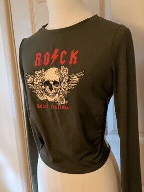 G-Mini Olive Green Rock Music Festival Ruched Open Back Graphic Top - Large